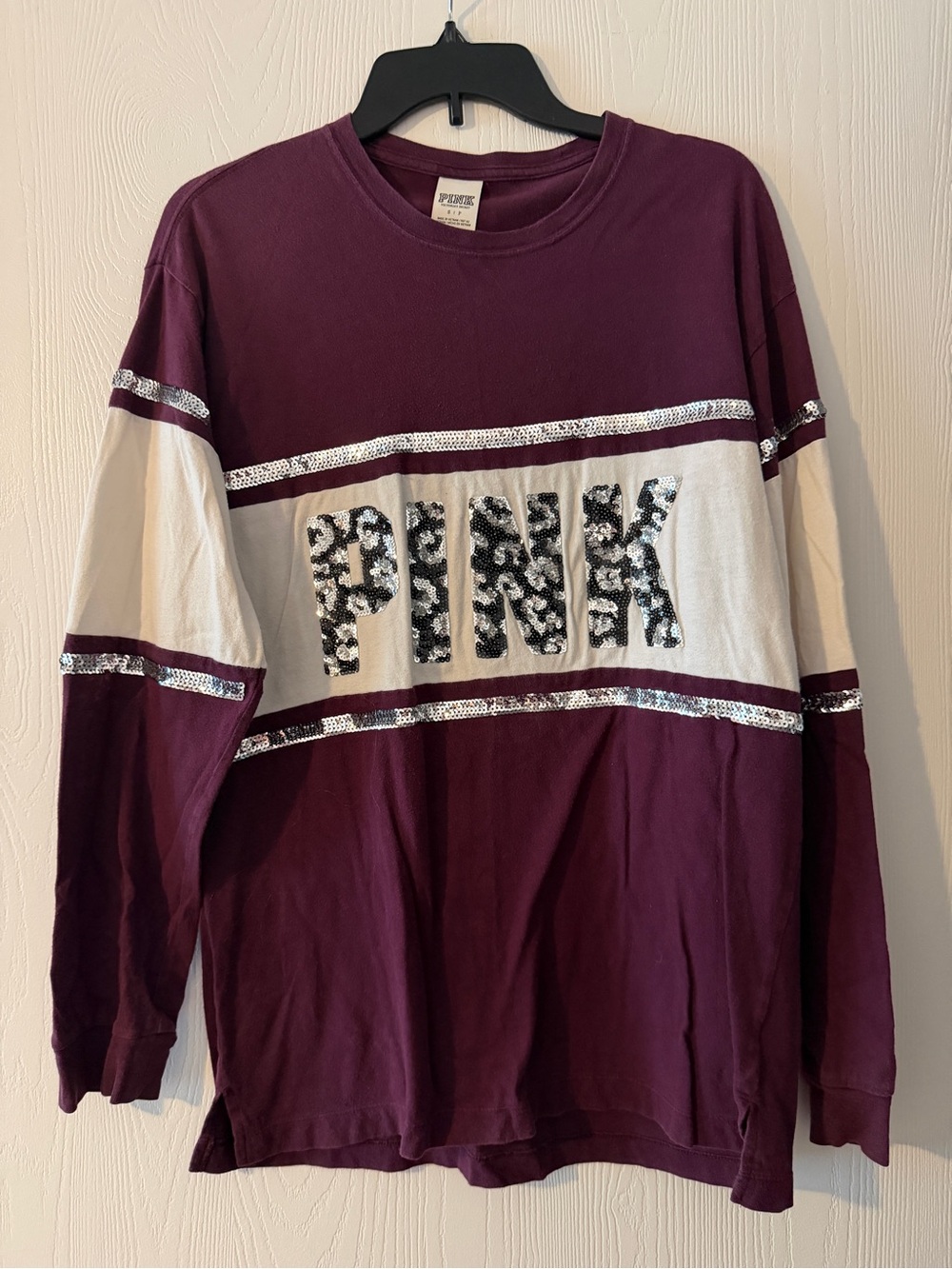 PINK Victoria's Secret Burgundy And White Sequined Long Sleeve Top (S)
